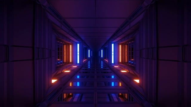 Imagen renderizada 3D de una habitación oscura con luces.